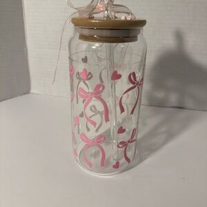 Pink Heart and Bow Glass Jar with Bamboo Lid